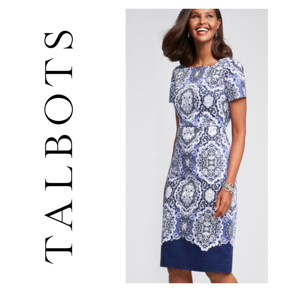Talbots Navy and White Ornate Midi Dress